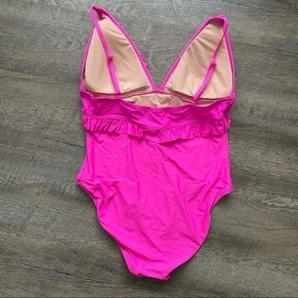 New J Crew Ruffle Deep V One Piece Swimsuit Neon Flamingo - Picture 4 of 6
